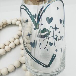 Personalized name / stars / kisses/notes ,16 ounce glass Can Shaped w/Bamboo Lid